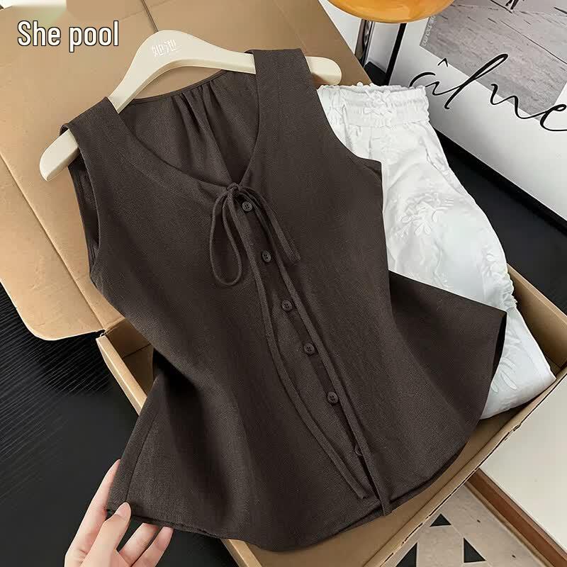 Women s Lyocell Linen V-Neck Tie-Front Tank Top XS темный кофе