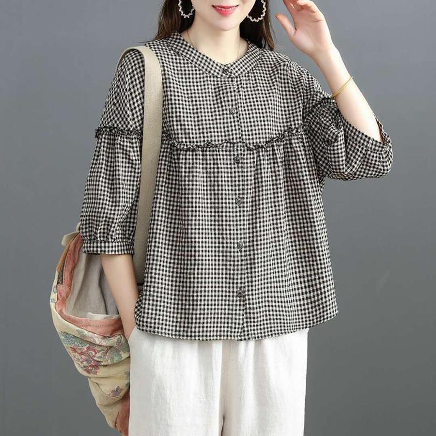 New Style Women's Linen Blend Shirt, Loose Fit, Oversized Casual Tunic Top with Stand Collar