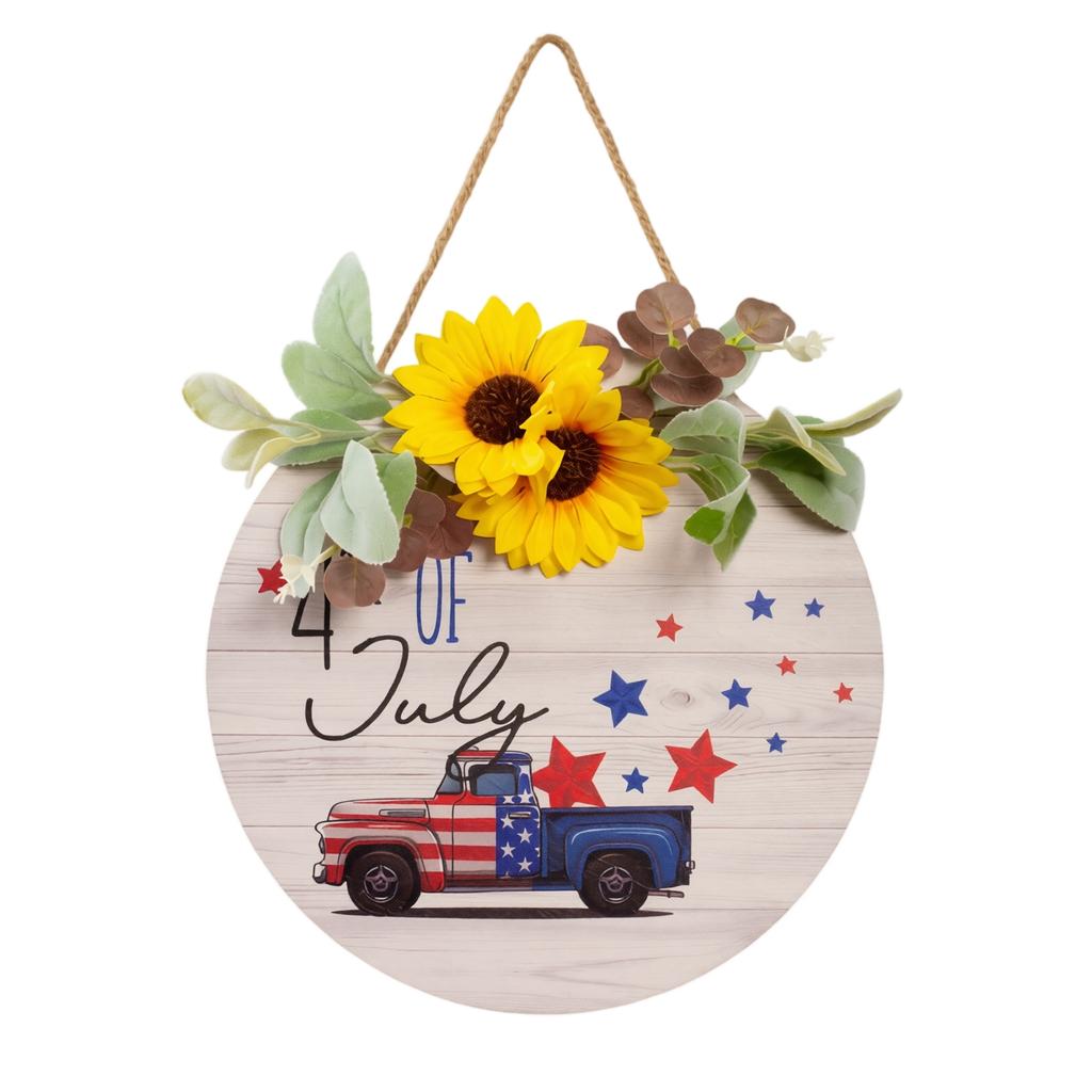 Wooden 4th of July Door Hanger with Vintage Truck and Star Design Rustic Americana Home Decoration Hanging Sign for Front Door Wall