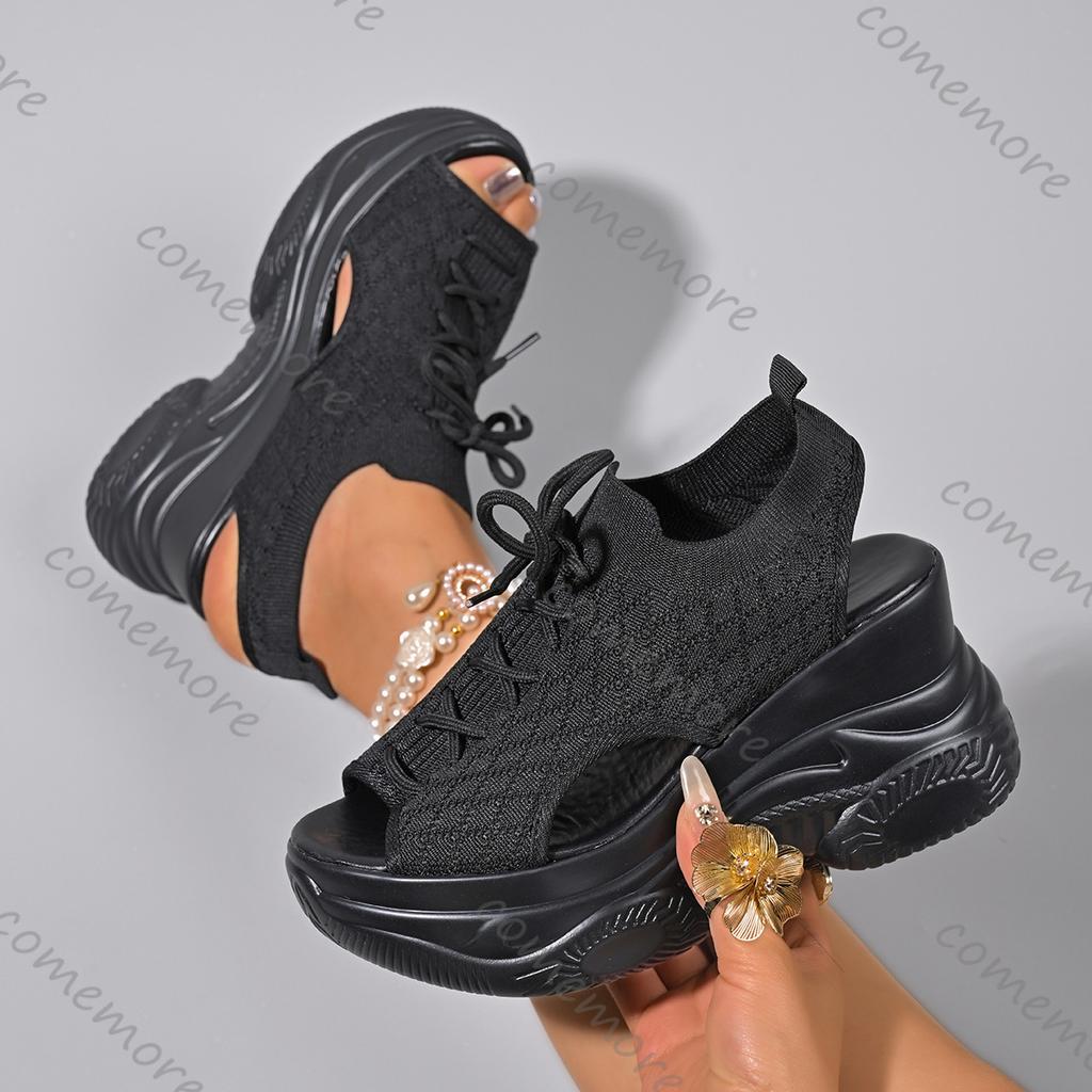Comemore New Summer Weave Mesh Wedges Sandals Summer Fish Mouth High Heels Casual Sports Beach Shoes Black Roman Sandales Female