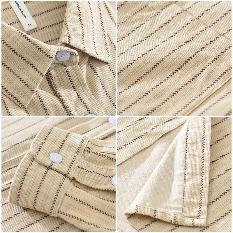 Spring and Autumn Japanese Retro Artistic Striped Printed Long-Sleeved Shirt Men's Corduroy Loose Casual Shirt New Style
