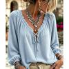 Women S V Neck Drawstring Long Sleeve Waffle Blouse Bohemian Style