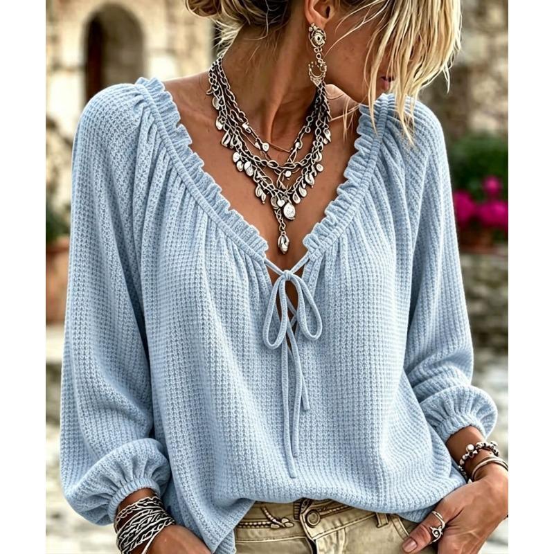 Women S V Neck Drawstring Long Sleeve Waffle Blouse Bohemian Style