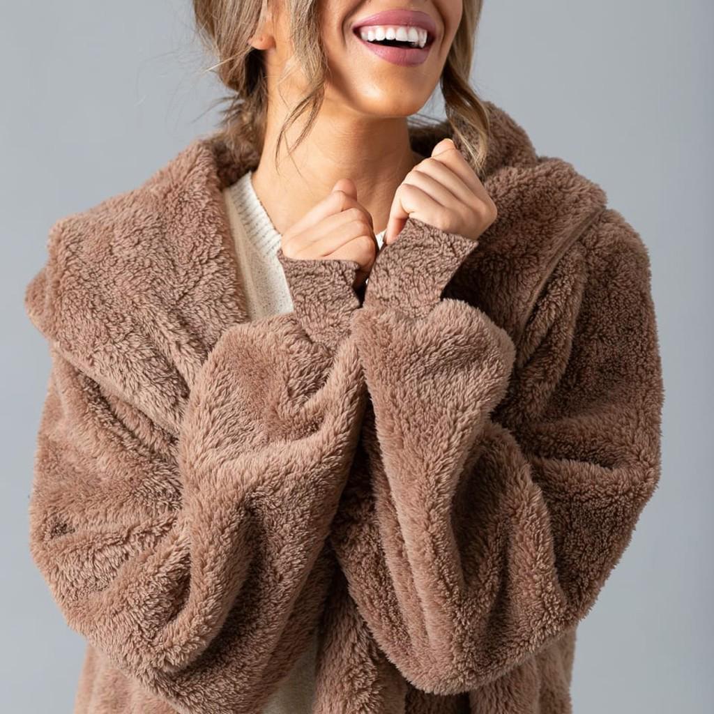 Women's Faux-Fur Shaggy Winter Coat Long Sleeve Open Front Outwear Hooded Jacket