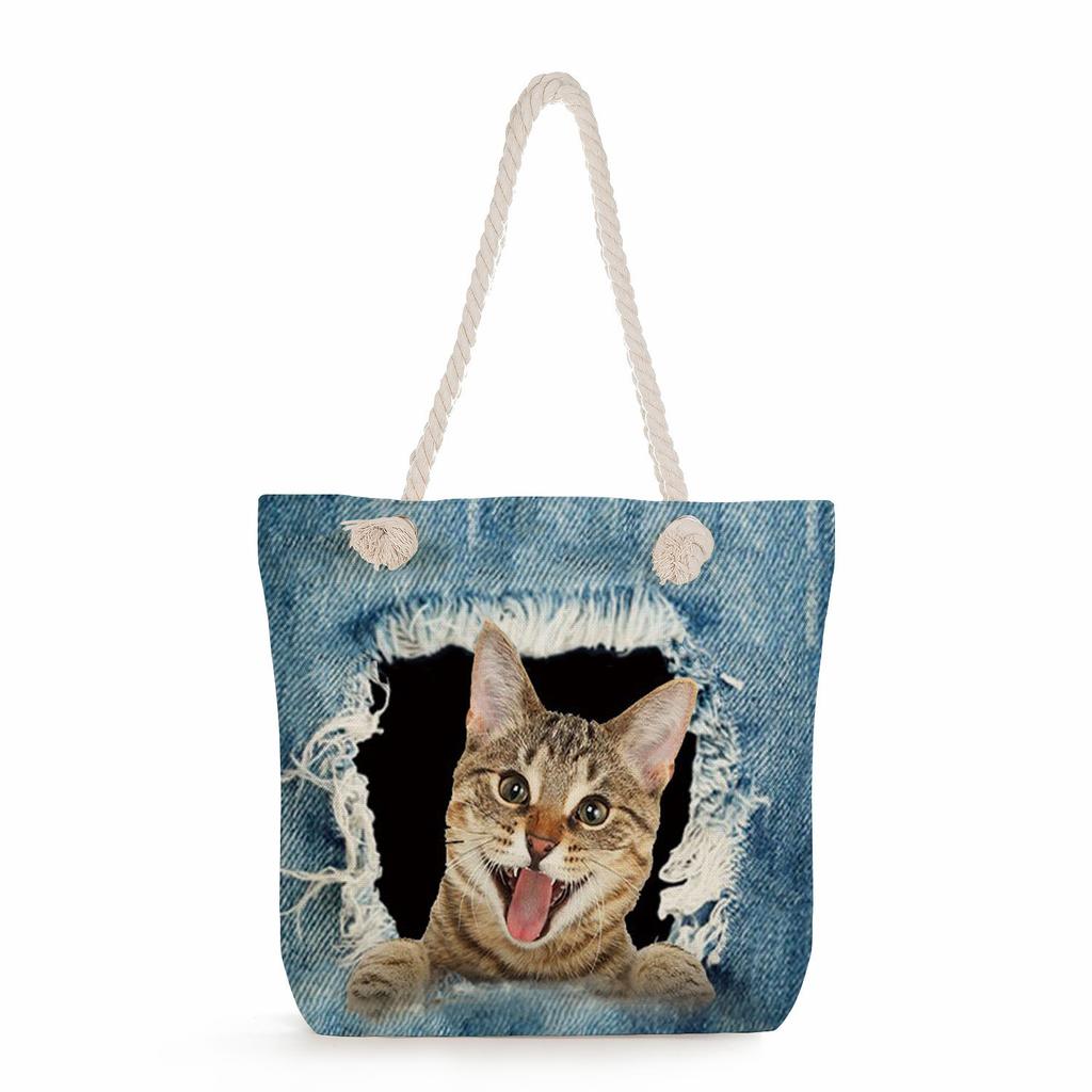Cat Print Thick Rope Single-shoulder Beach Bag 7266 KTB