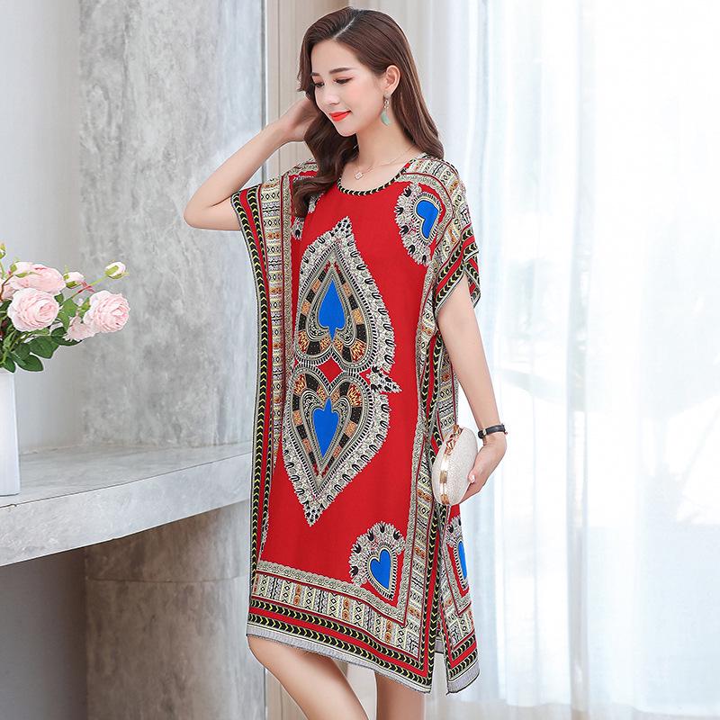 Summer Cotton Silk Loose Fit Mid-Length Bat Sleeve Dress for Women - Plus Size, Belly Covering, Slimming Beach Dress for Moms