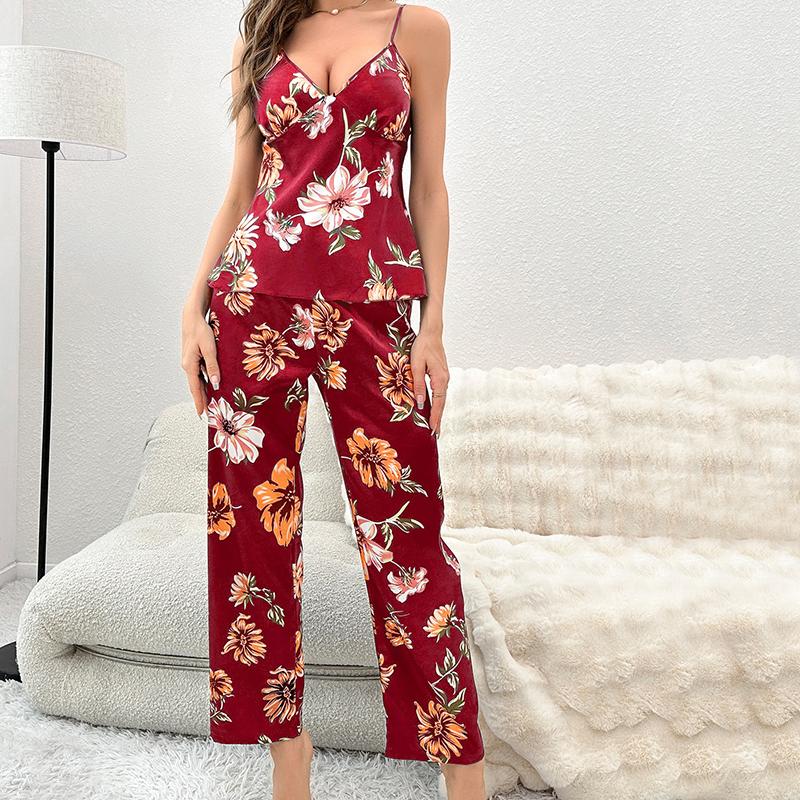 Sexy, atmungsaktives Pyjama-Set für Damen mit Streifen-/Blumendruck, Oberteil mit Sling und V-Ausschnitt, hohe Taille, gerade Hose, schmales Nachtwäsche-Set, weiches, bequemes Heimkleid-Set