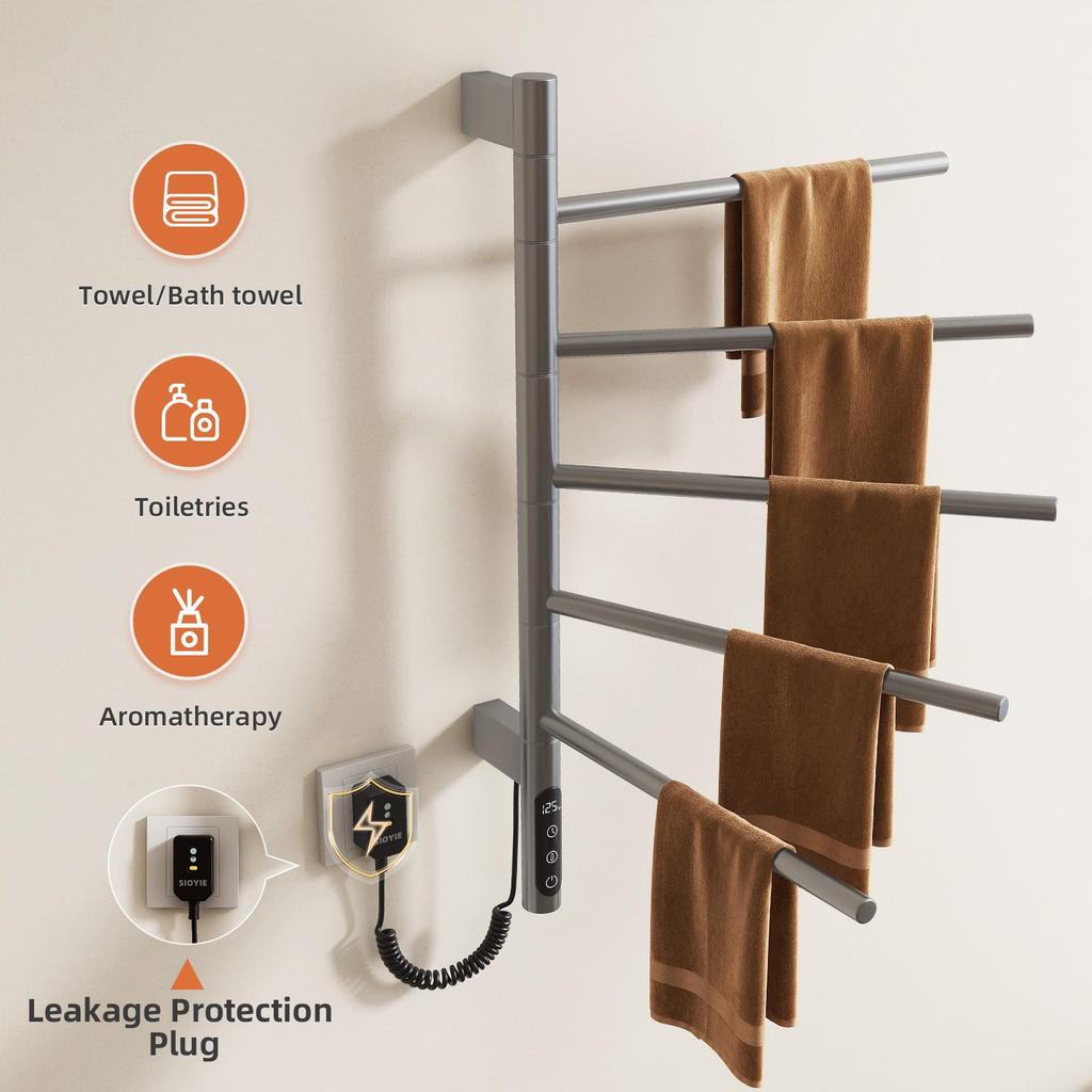 SIOYIE Electric Heated Towel Rack, Rotating Towel Warmer, Smart Bathroom Radiator, Plug-In/Hardwired Heater