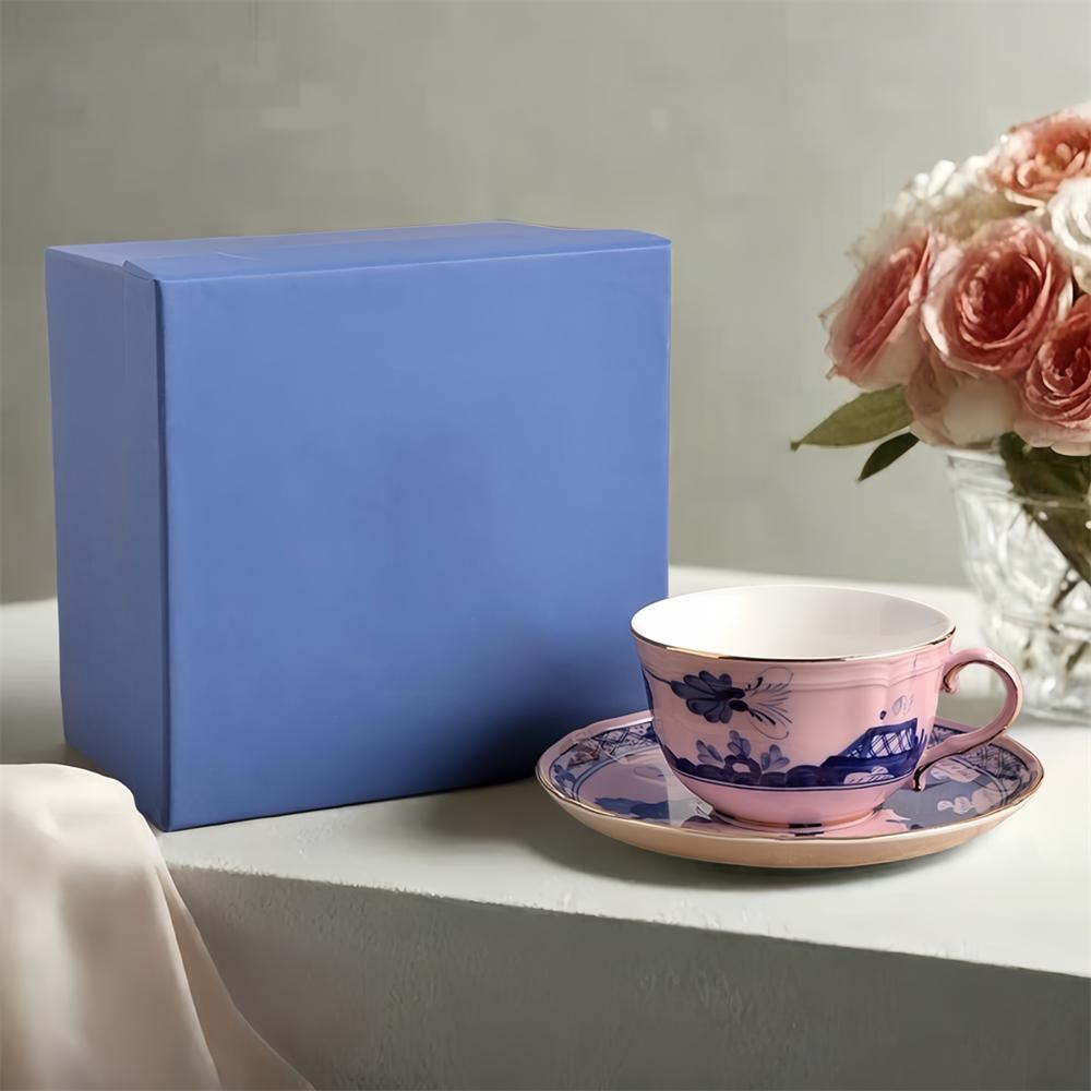 High-end Oriental Series Coffee Cup and Saucer Ceramic Mug Pink Yellow Blue Green Printed Plates Tea Cup Set Gift Box Souvenir