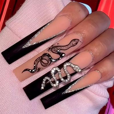 24 sztuk/zestaw szybkie paznokcie czarny francuski matowy wąż fałszywe Nials naklejki poręczny wodoodporny Manicure wykończone paznokcie