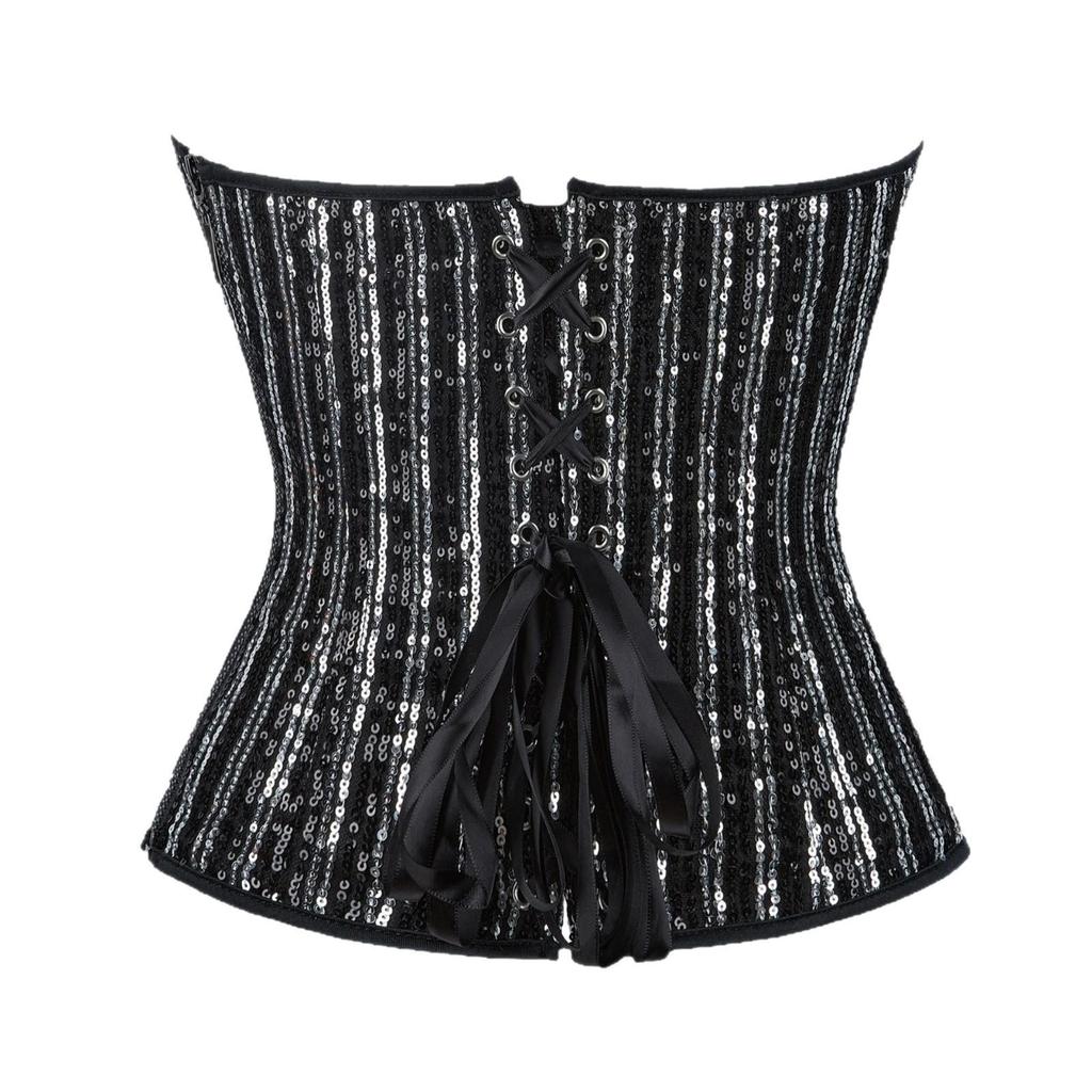 Silver Black Sequin Strapless Bodycon Corset Top with Bra Support for Women