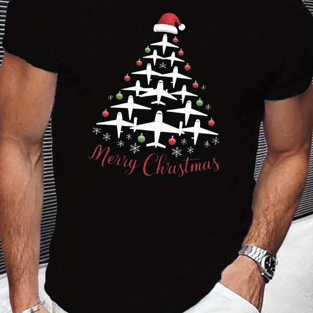 Summer Unisex Casual Sports Short Sleeve, Christmas Creative Airplane Puzzle Christmas Tree Print Cotton T-Shirt