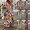 Women's Summer Maxi Dress V-Neck Short Sleeve Long Dress Loose High Waist Boho Print Swing A-Line Dress