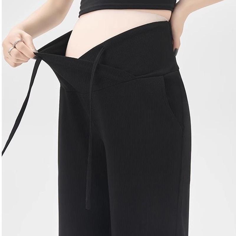 2024 Summer Maternity Wide-Leg Pants: Low Waist, Drawstring, No Belly Support, Casual Long Trousers