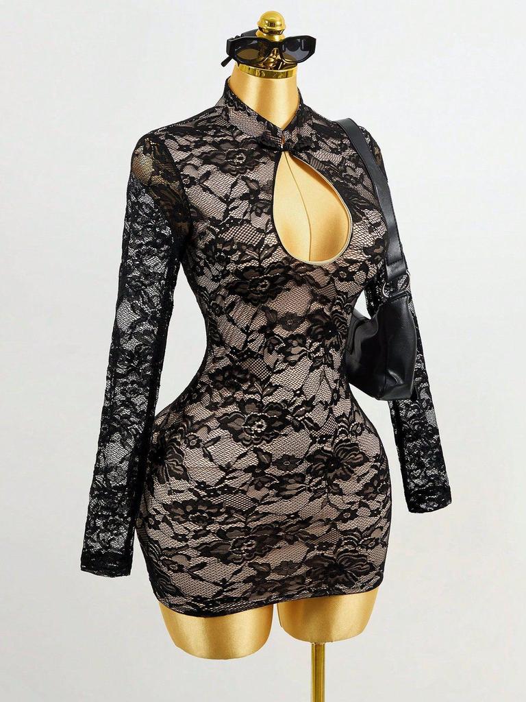 2026 Autumn European & American Sexy Lace Hollow-Out Slimming Dress