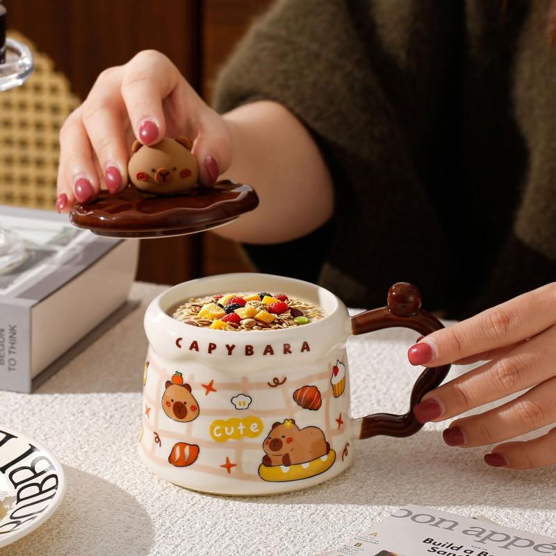 Capybara Mug With Lid Cute Ceramic Coffee Cup Office Couple Women 400ml