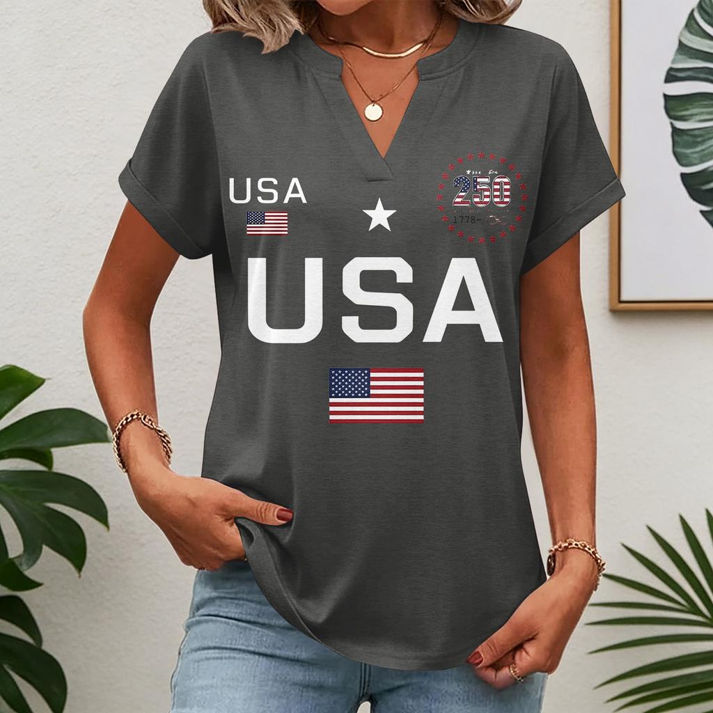 Womens Spring Tops USA Letter Print Summer Shirts for Women Casual V Neck Womens Summer Shirts Short Sleeve Tee