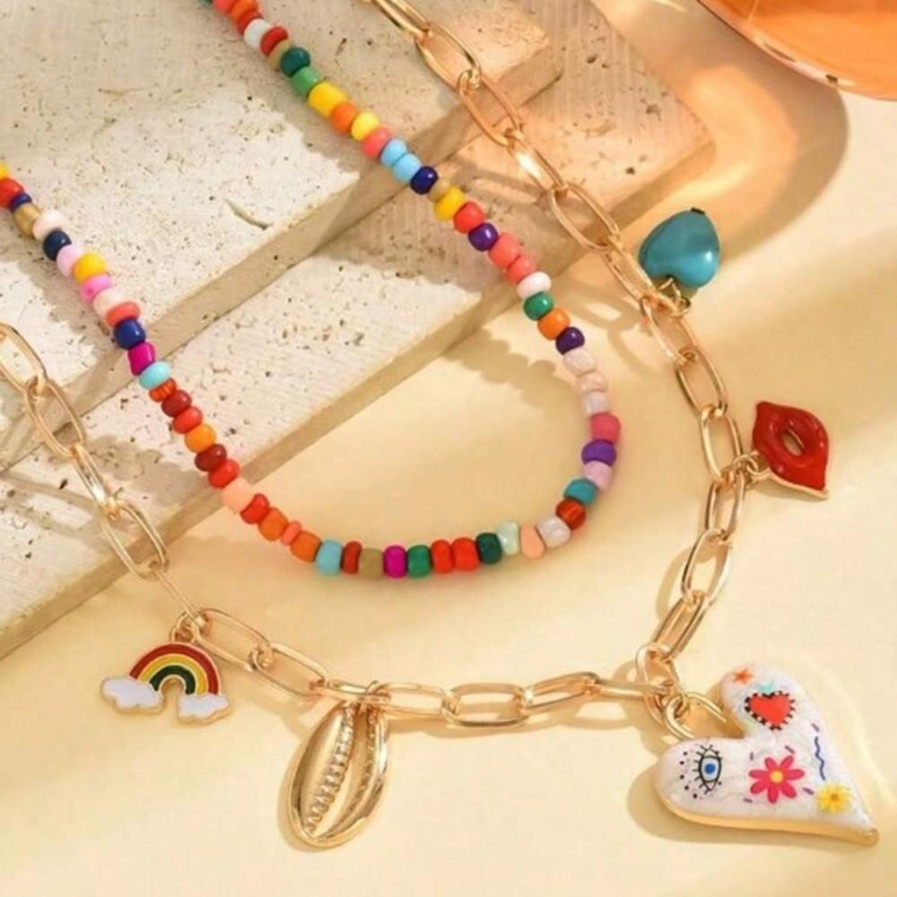 Colliers Bohèmes à Chaînes Multicouches Pendentifs Colorés Pompons Choker Vêtements Décontractés