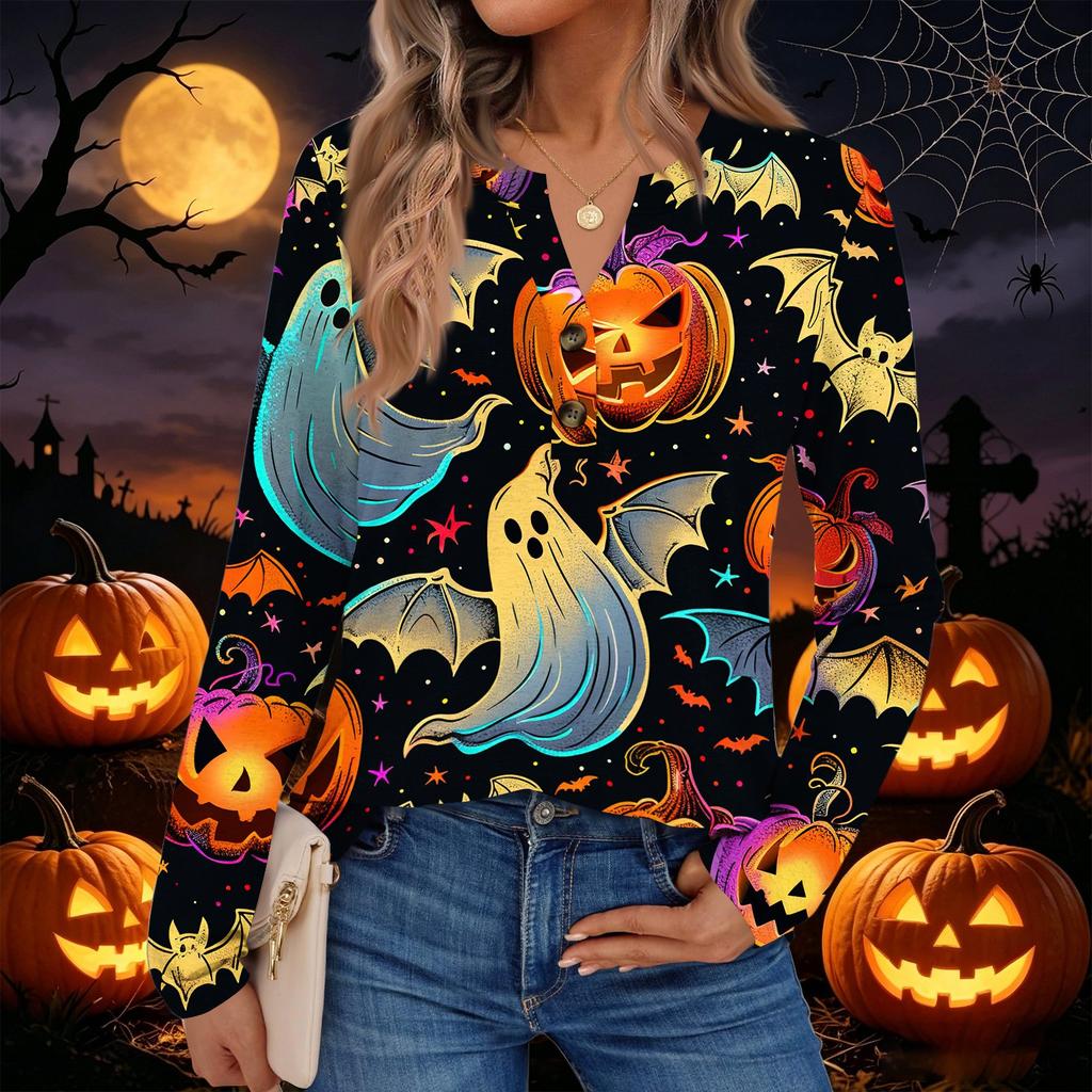 Women's Halloween Print Long Sleeve Shirt Casual Blouse