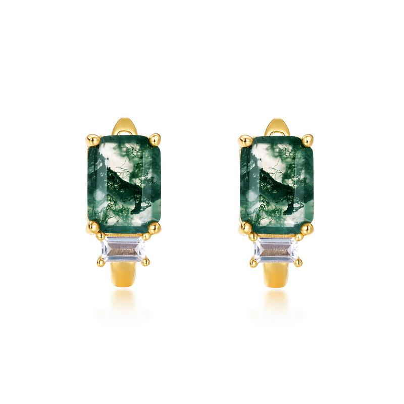 S925 Silver 14K Gold Plated Green Moss Agate Opal Accent Huggie Hoop Earrings for Women