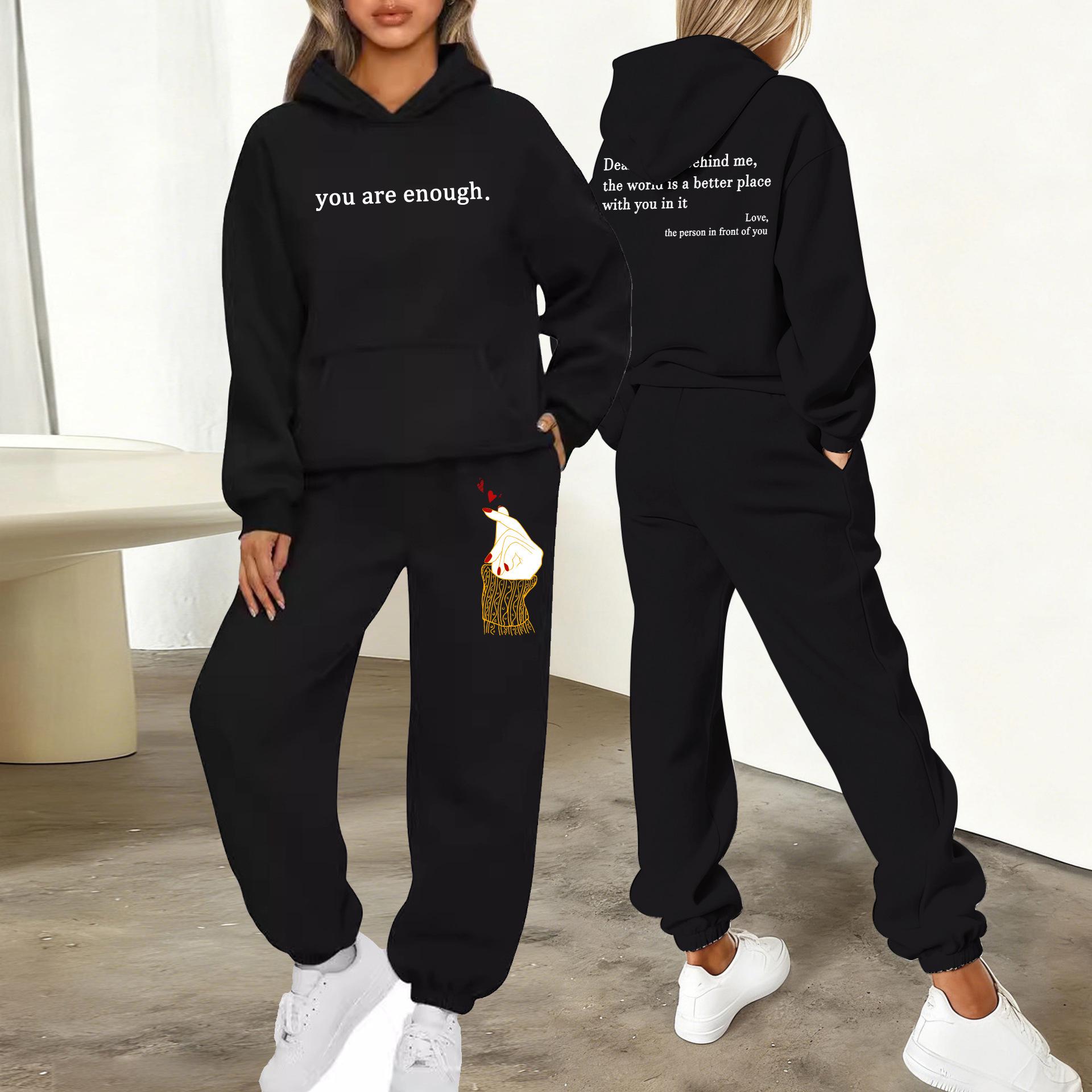 Women s Casual Letter Print Hoodie and Jogger Set for Sports and Commuting XS чёрный