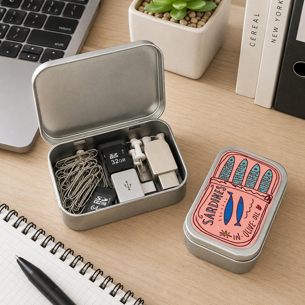 Portable Tin Case Mini Metal Box Cute Sardine Print Tin Box Small Pill Case Travel Jewelry Storage Case Desk Handbag Office