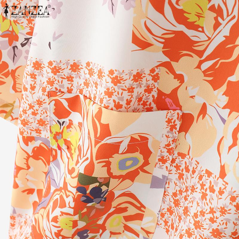 ZANZEA Women Casual Round Neck Loose Short Sleeve Floral Blouse