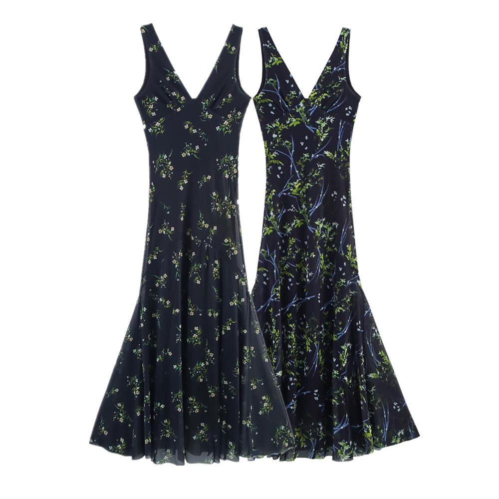 

2025 Spring/Summer Women s Slimming Floral Silk V-Neck Sleeveless Dress Large