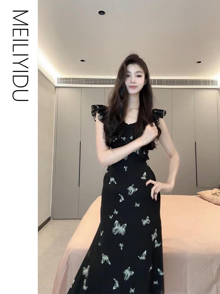 [Double Layer + Inner Lining] Xiaofei Sleeve Butterfly Suspender Dress Children's Summer French Temperament Is Beautiful, Waist Length