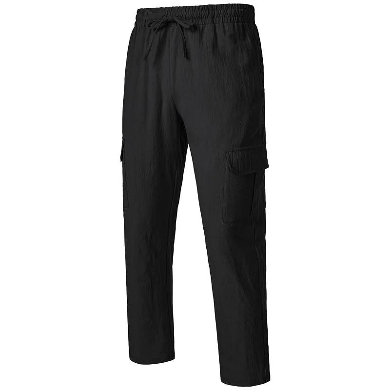 Men's Casual Trousers Loose Comfortable Cargo Pants Pants Man Cotton Linen Multi-pocket Straight Trousers Beach Thin Men Pants