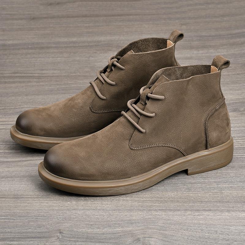 Autumn Men's Wide-Toe Casual Leather Martin Boots - Retro Lace-Up Mid-Top Cotton Shoes