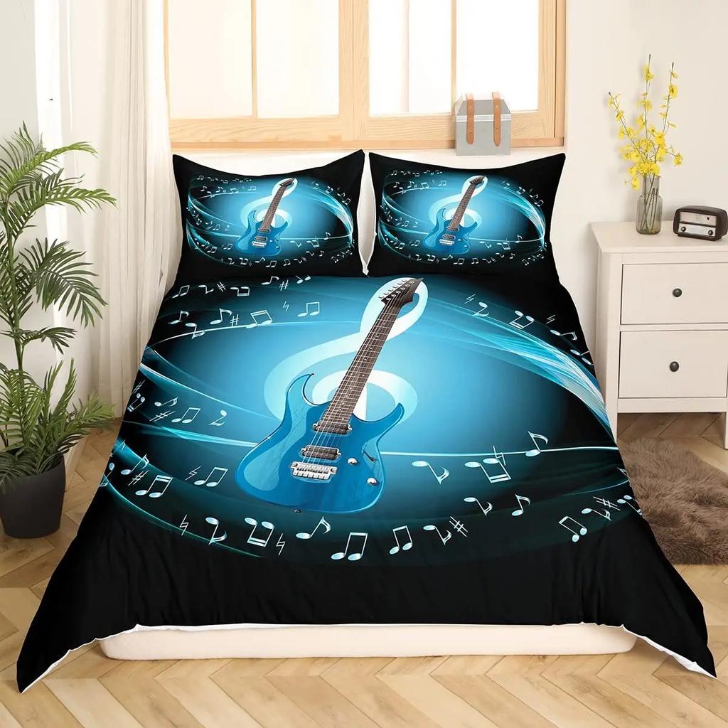 Guitar Duvet Cover Set King Queen Full Size Watercolour Style Polyester Comforter Cover for Kids Boys Girls Teens Bedding Set