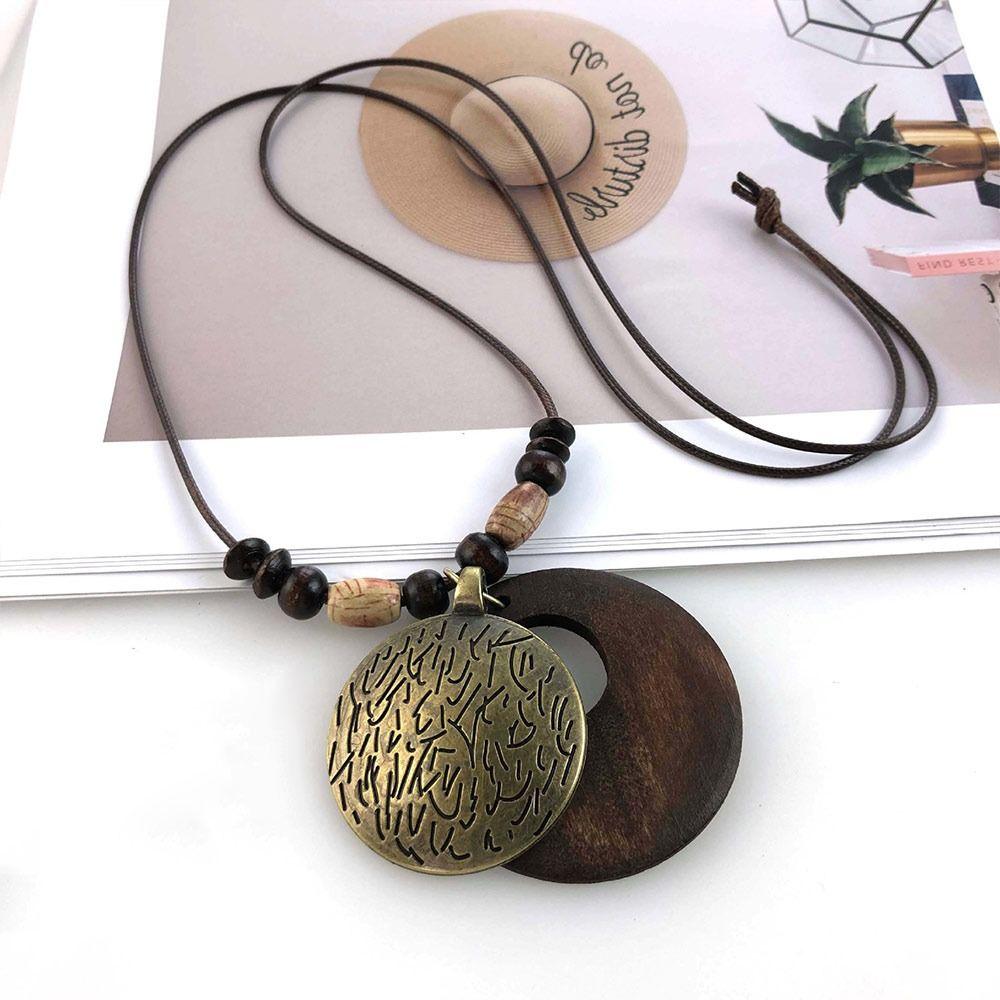 Vintage Boho Sweater Chain Leather Chain Long Wooden Pendant Necklace Handmade Hollow Leaves Clothing Pendant for Women Men