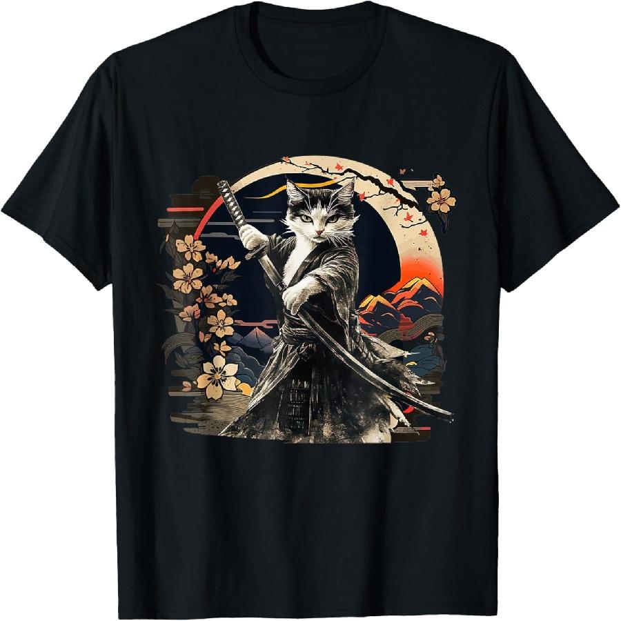 Самурайский Кот Винтажный Укиё-э Кот-Воин Японское Искусство Мужская Женская Футболка S