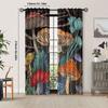 2pcs Vintage Mushroom Print Blackout Curtains - Whimsical Forest Design, Dark Background with Colorful Mushrooms & Flowers