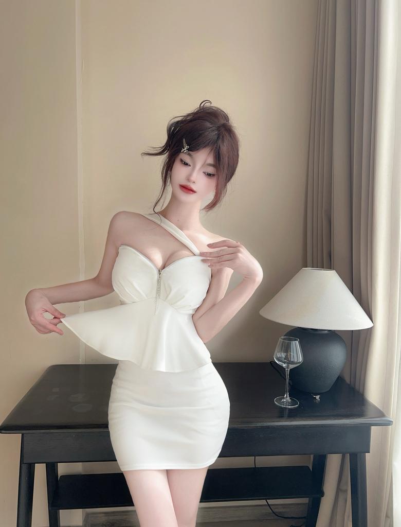 Spring and Summer Sexy Nightclub Women's Neck Low-cut Zipper Decorative Ruffle Leaf Edge Hip Wrap Short Slim Solid Color Dress