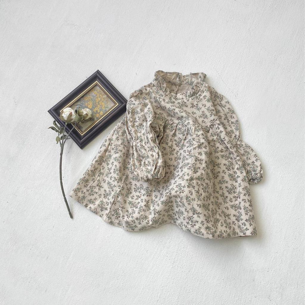 Spring Baby Girl Retro Court Princess Floral Dress with Flower Bud Collar.