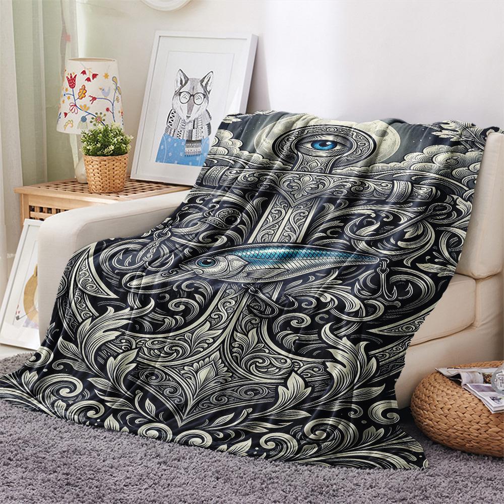 1PC Fish hook  Print FlAannel Blanket, High quality Comfortable for All Seasons, Home Decor, Warmth and Comfort