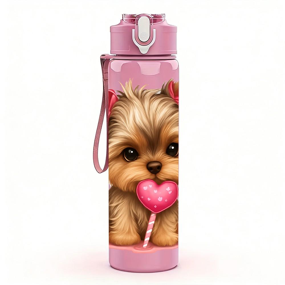 1PC Yorkshire Dog Holding Heart Print 750ml Color Plastic Sports Water Bottle Leakproof Flip Straw Lid Suitable for Sports Office Home Use