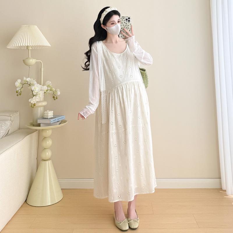 2026 Spring/Summer Korean Embroidered Maternity Dress & Jacket Set M