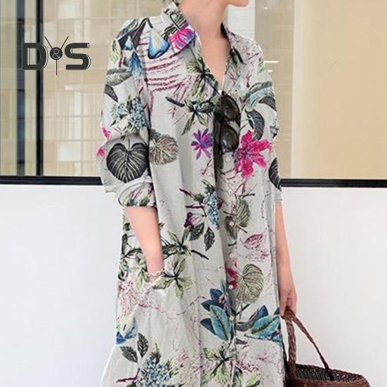 Damenkleid, locker, bunt, Blumendruck, knöchellang, lange Ärmel, Taschen, A-Linie, Revers, einreihig, weich, atmungsaktiv, Herbst/Frühling, Maxikleid