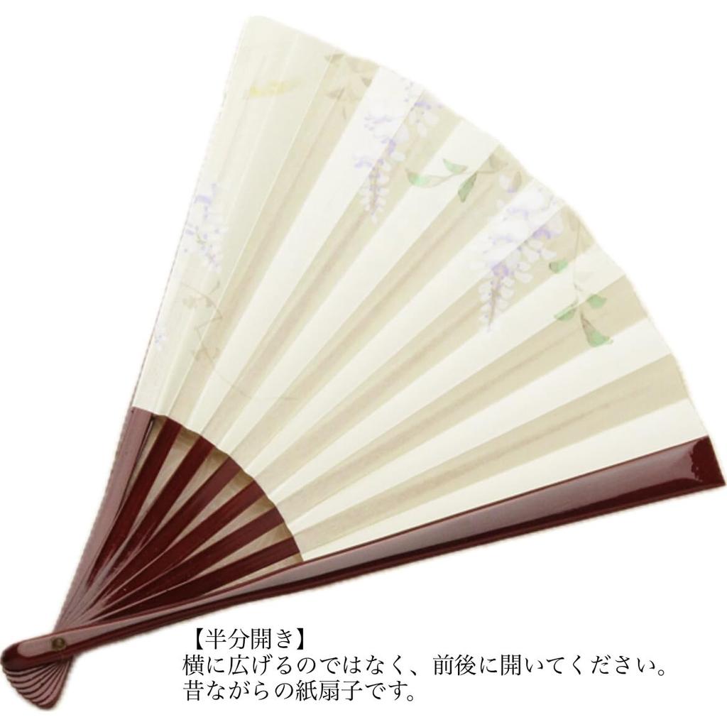Kyoto-style fan, "Yamabe no Fuji" (Wisteria of the Mountains), Made in Japan, Kyoto. Hand-painted paper fan for women, double-sided, wisteria design,