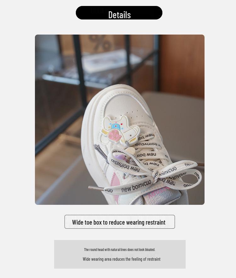 Spring 2026 Girls' Princess Sports Shoes - Lightweight, Breathable White Cartoon Leather Sneakers
