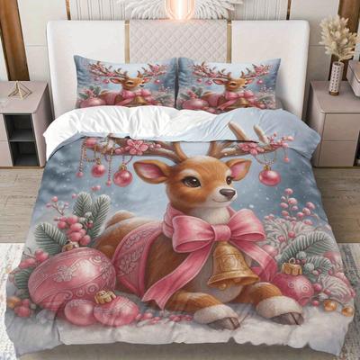 3-teiliges Bettbezug-Set, 1 Bettdecke + 2 Kissenbezüge Rosa Weihnachts-Hirsch Winter-Schnee-Szene Thema, Weihnachts-Bettwäsche-Set Queen King Size