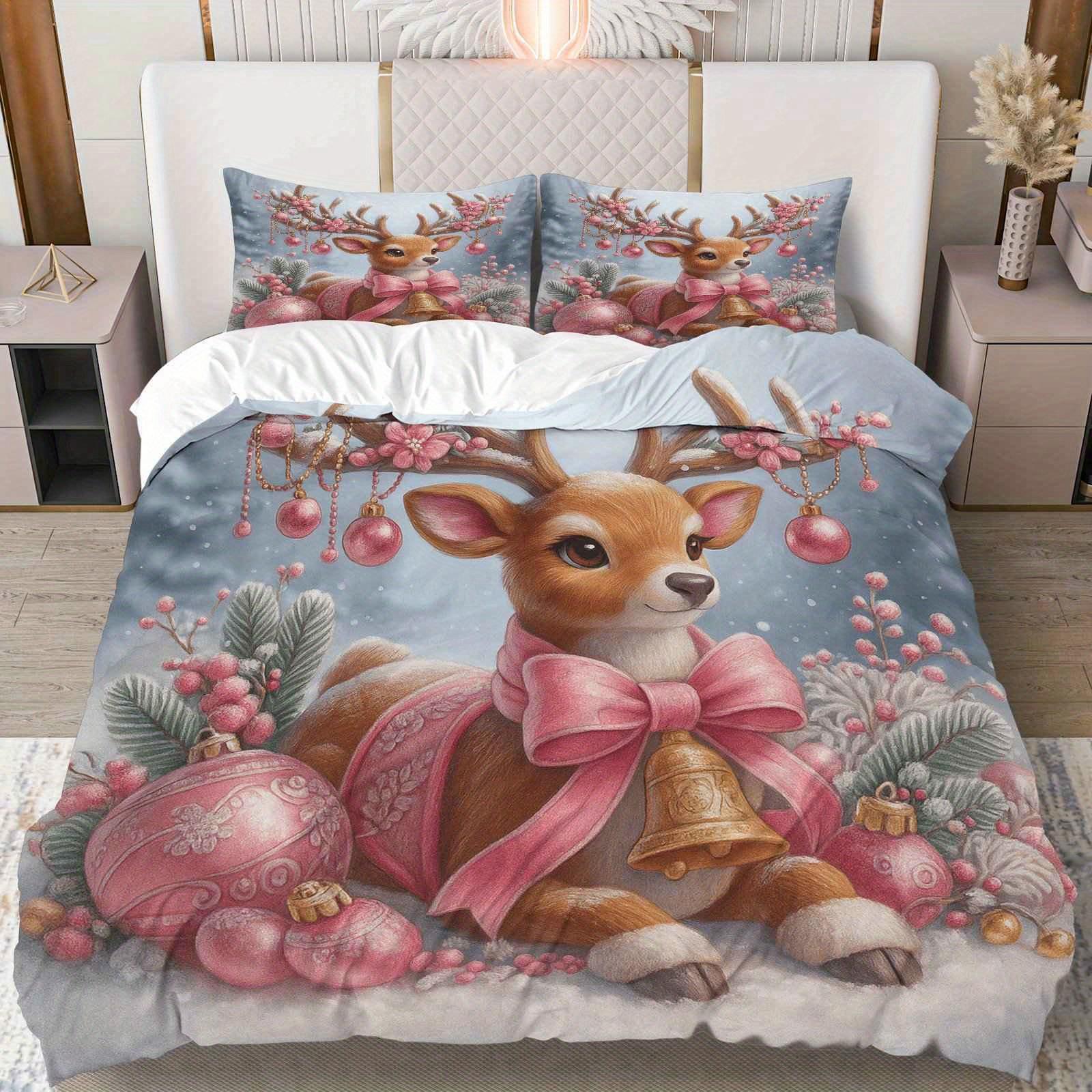 

3pcs Duvet Cover Set, 1 Duvet+2 Pillowcases Pink Christmas Deer Winter Snow Scene Theme, Christmas Bedding Set Queen King Size EU Twin(135x200cm)