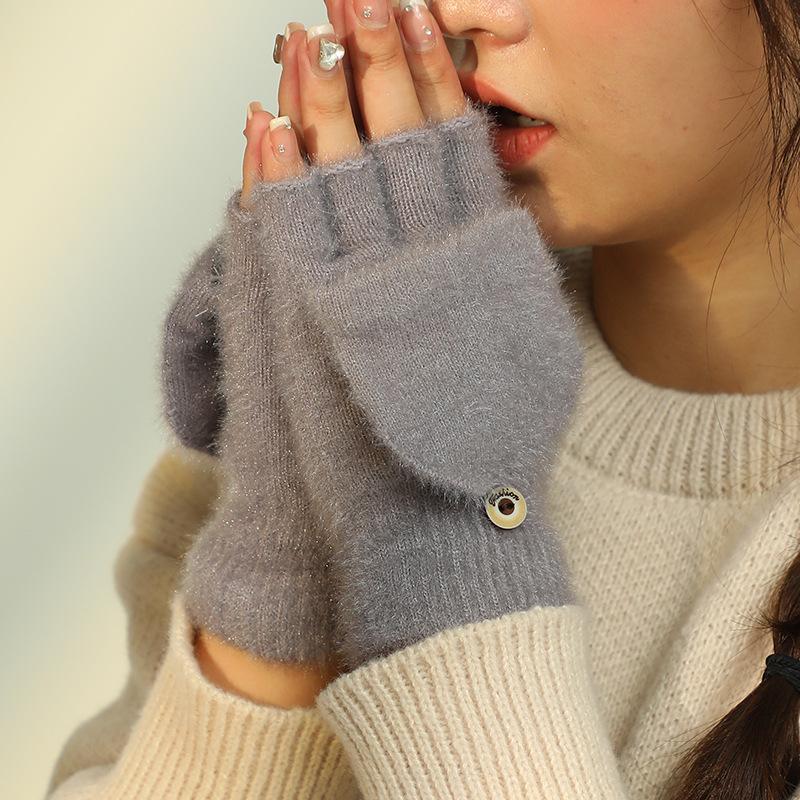Koreanische Mode Einfarbige Halbfinger-Klapphandschuhe Warm für Damen im Winter Kältefest Verdickt Doppelzweck Wolle Gestrickt