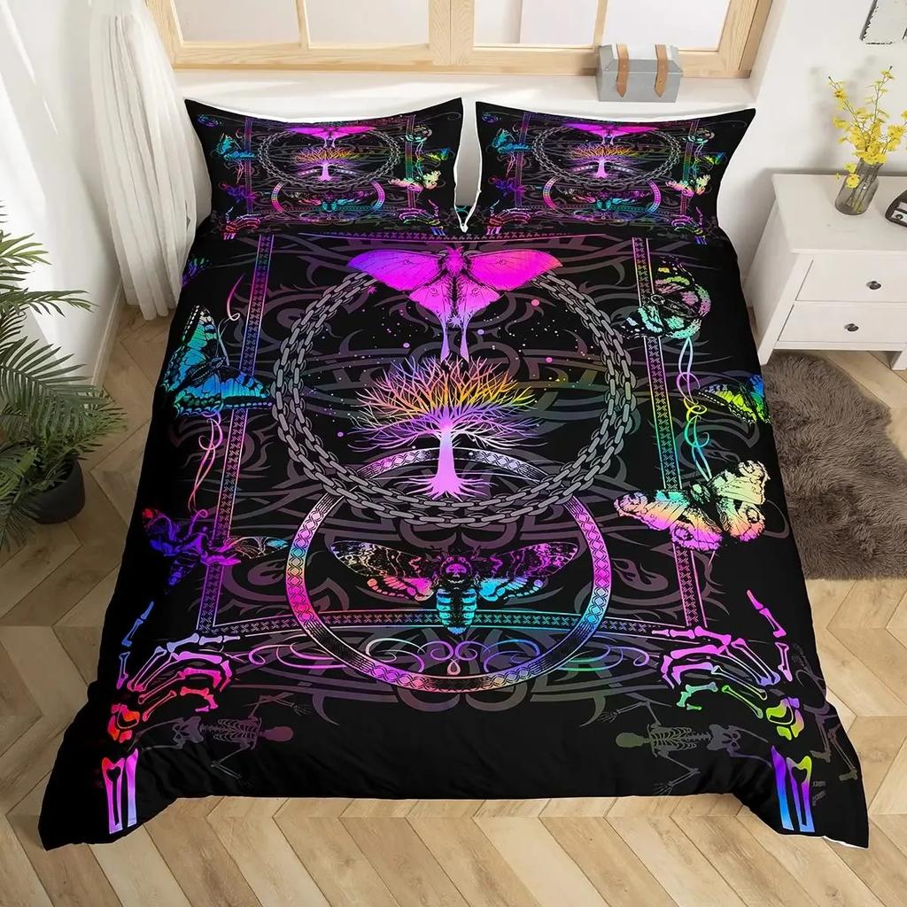 Katzenknochen-Bettwäscheset Full QueenHalloween Gothic Totenkopf Bettwäscheset SchwarzWeiß Galaxie Bettdeckenbezug Steppdeckenbezug