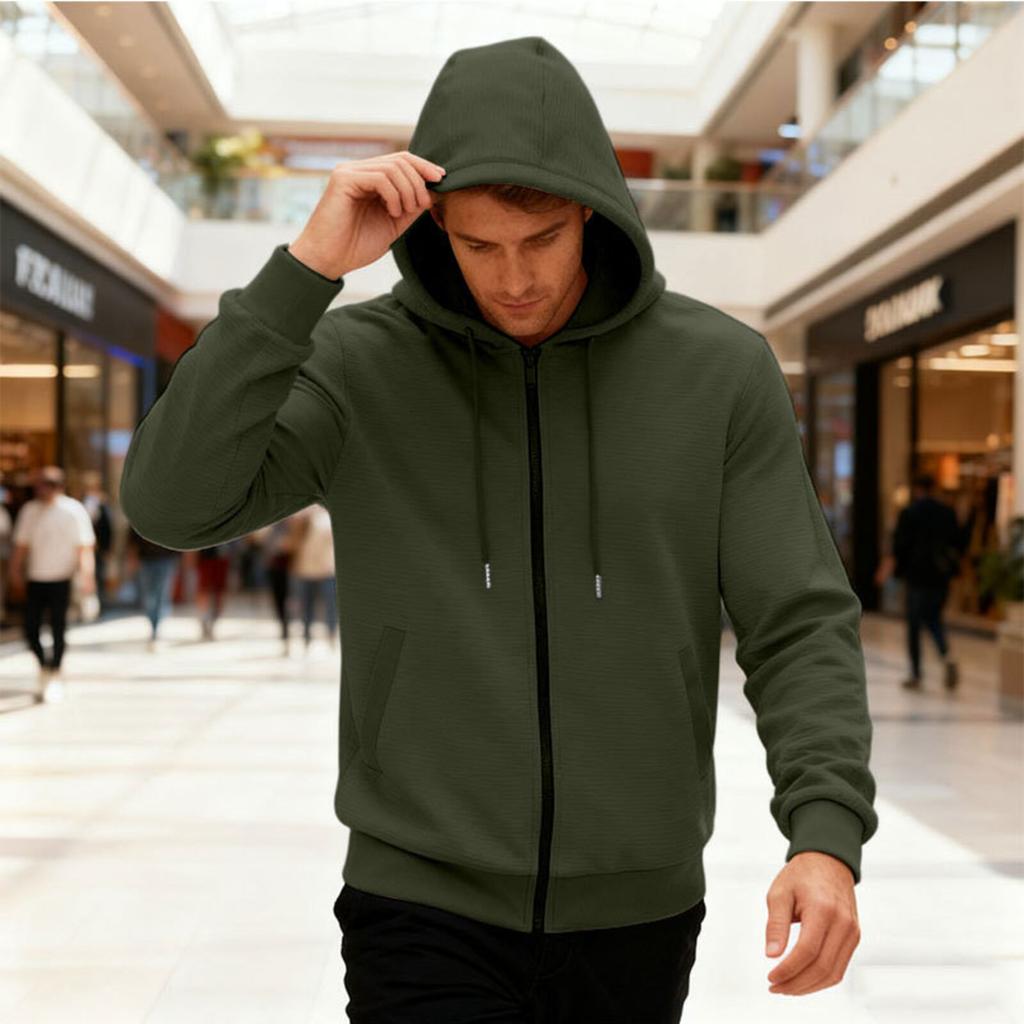 Men's Casual Sports Loose Fleece Hooded Solid Color Zipper High-end Cardigan Sweatshirt
