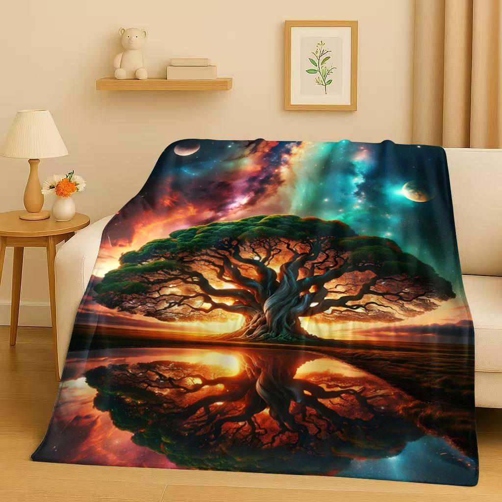 Retro Kleurrijke Levensboom Yggdrasil Keltisch Runen Flanellen Deken, Ultra Zachte Pluche Plaid voor Huis Slaapkamer Bed Bank Cover Kinderen