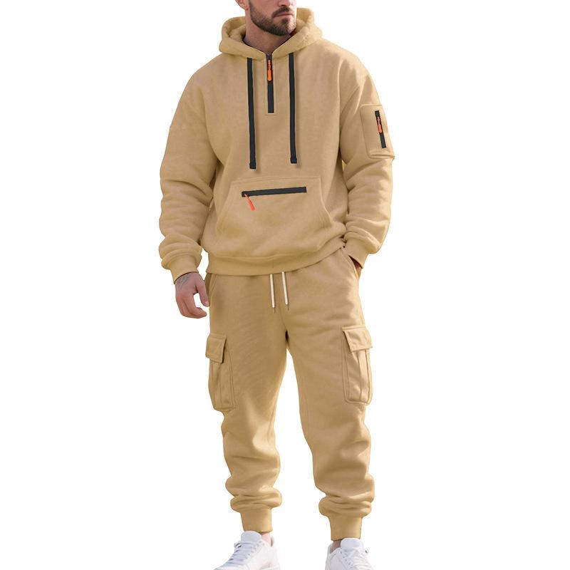 Mens Warm Thick Multiple Pockets Hooded Sweatshirt And Cuffed Sweatpants Two Piece Sports Set